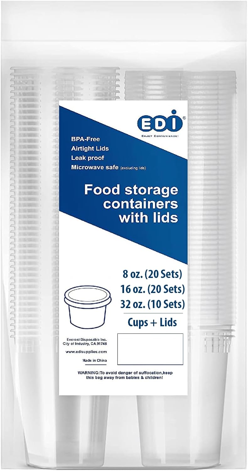 EDI Plastic Deli Food Storage Containers - 8 oz (20 sets), 16 oz (20 sets), 32 oz (10 sets) with Airtight Lids, Deli Containers Bundle