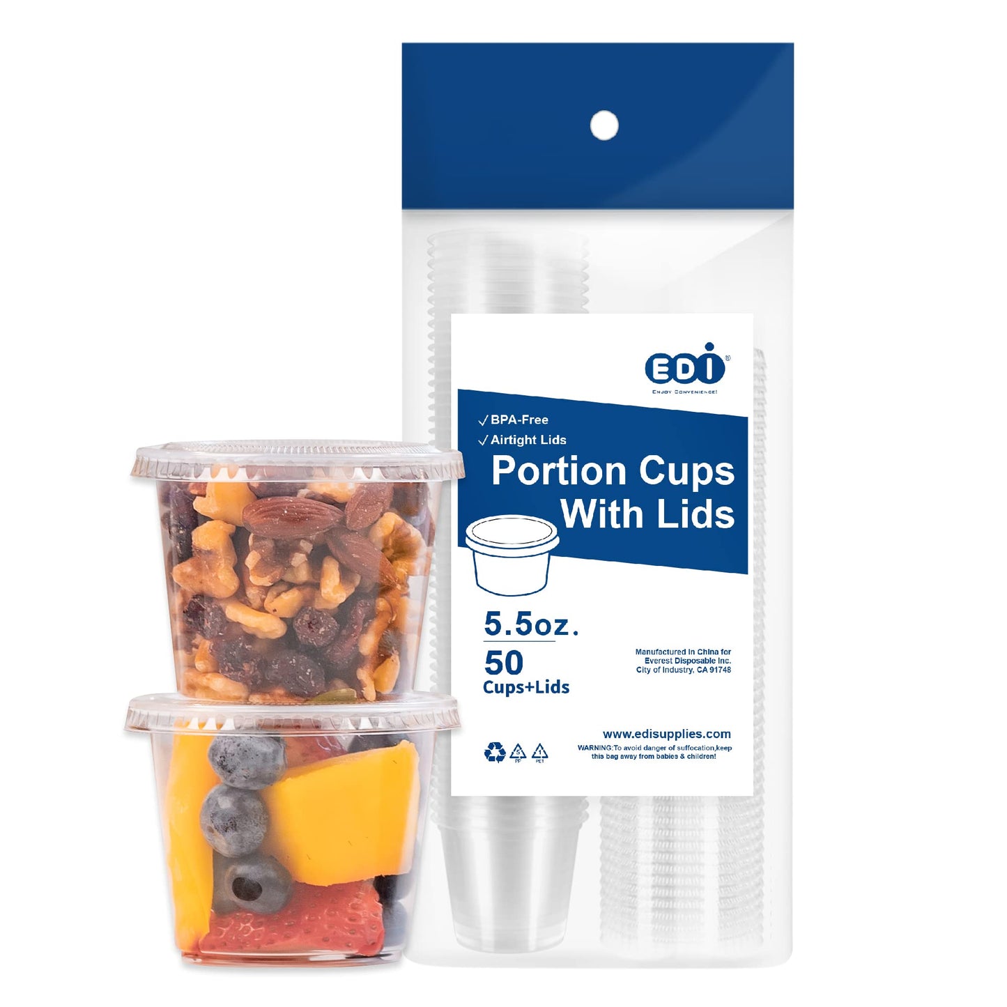 EDI Clear Disposable Plastic Portion Cups with Leakproof Lids - 50 Sets, 3.25 OZ, BPA Free, Recyclable - Jello Shot, Condiment & Dipping Sauce, Souffle Cups