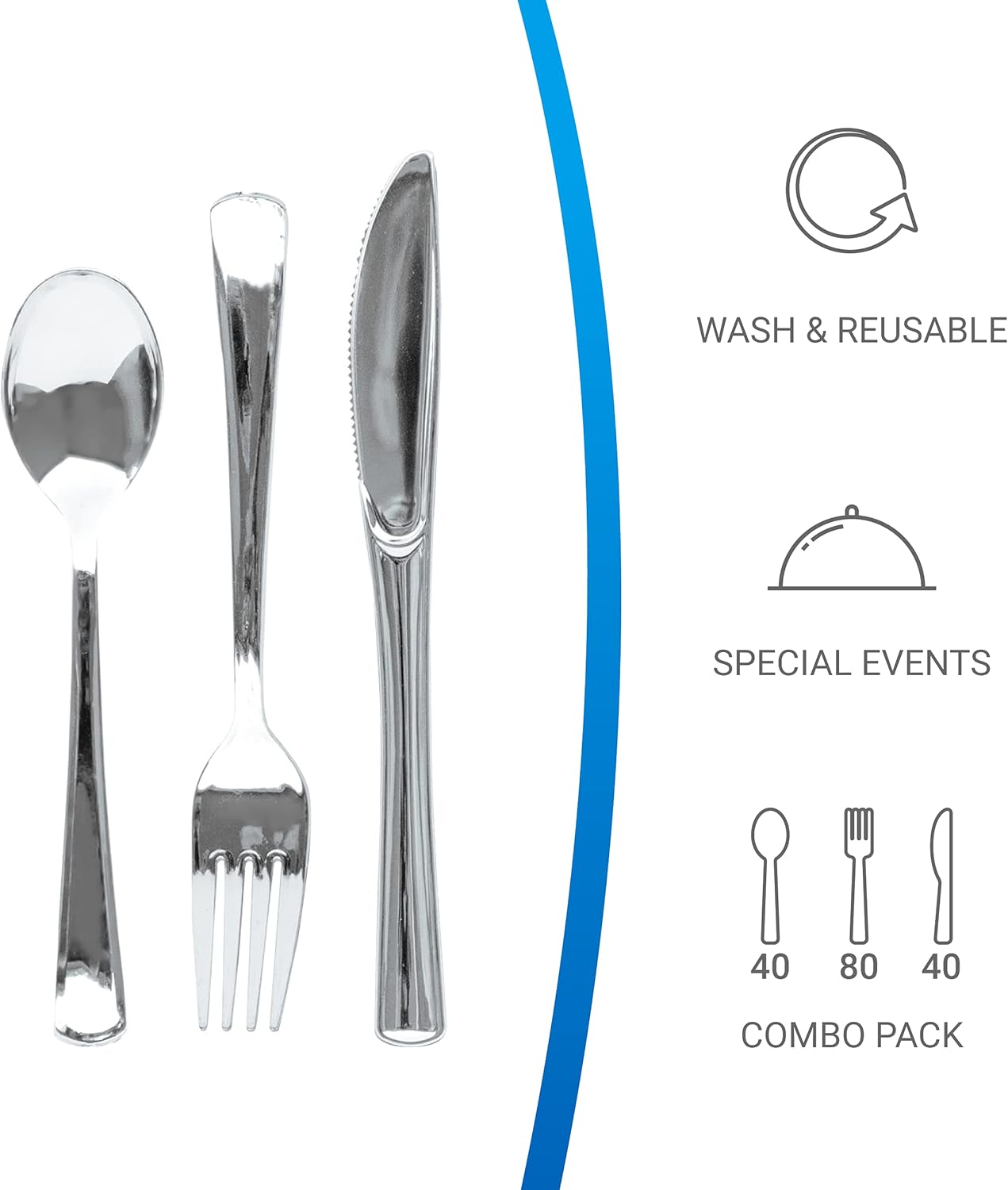 EDI [160 Piece] Silver Disposable Plastic Cutlery Set, Assorted - 80 Forks, 40 Knives, 40 Spoons | Extra Heavy-Weight