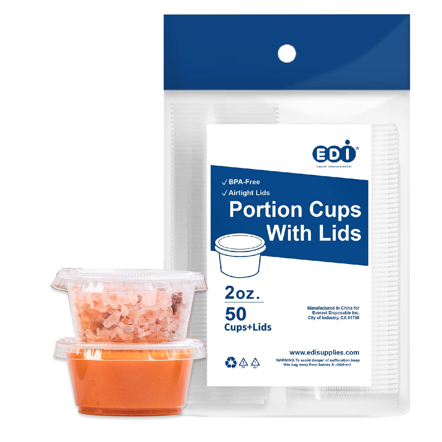 EDI Clear Disposable Plastic Portion Cups with Leakproof Lids - 50 Sets, 3.25 OZ, BPA Free, Recyclable - Jello Shot, Condiment & Dipping Sauce, Souffle Cups