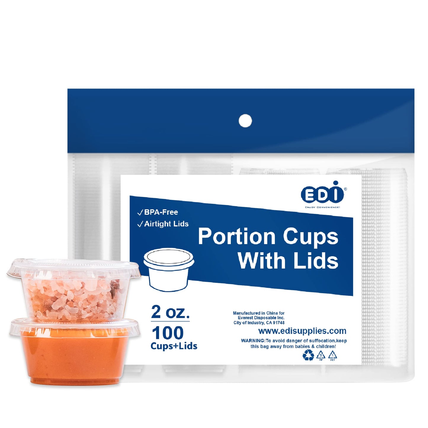 EDI Clear Disposable Plastic Portion Cups with Leakproof Lids - 50 Sets, 3.25 OZ, BPA Free, Recyclable - Jello Shot, Condiment & Dipping Sauce, Souffle Cups
