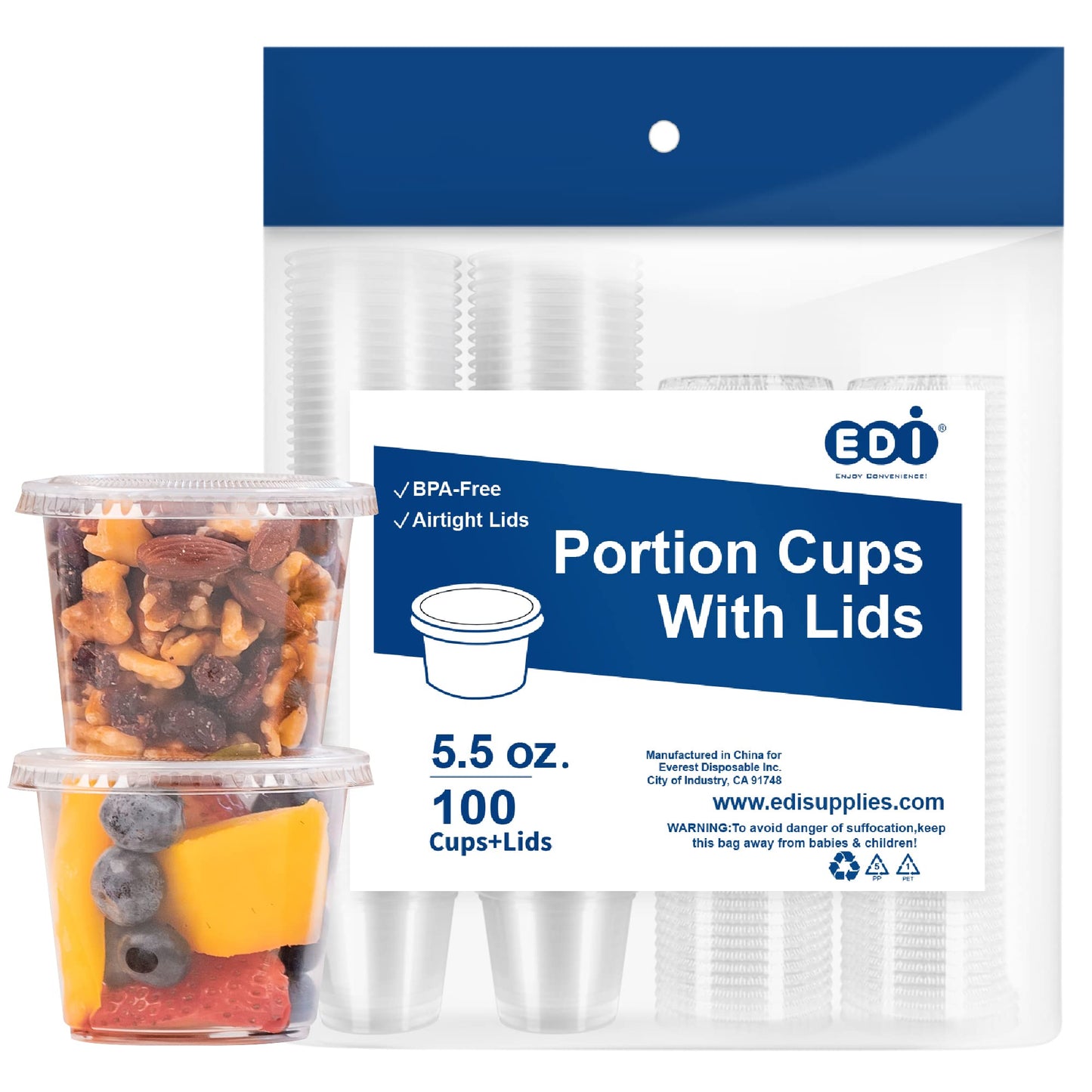 EDI Clear Disposable Plastic Portion Cups with Leakproof Lids - 50 Sets, 3.25 OZ, BPA Free, Recyclable - Jello Shot, Condiment & Dipping Sauce, Souffle Cups