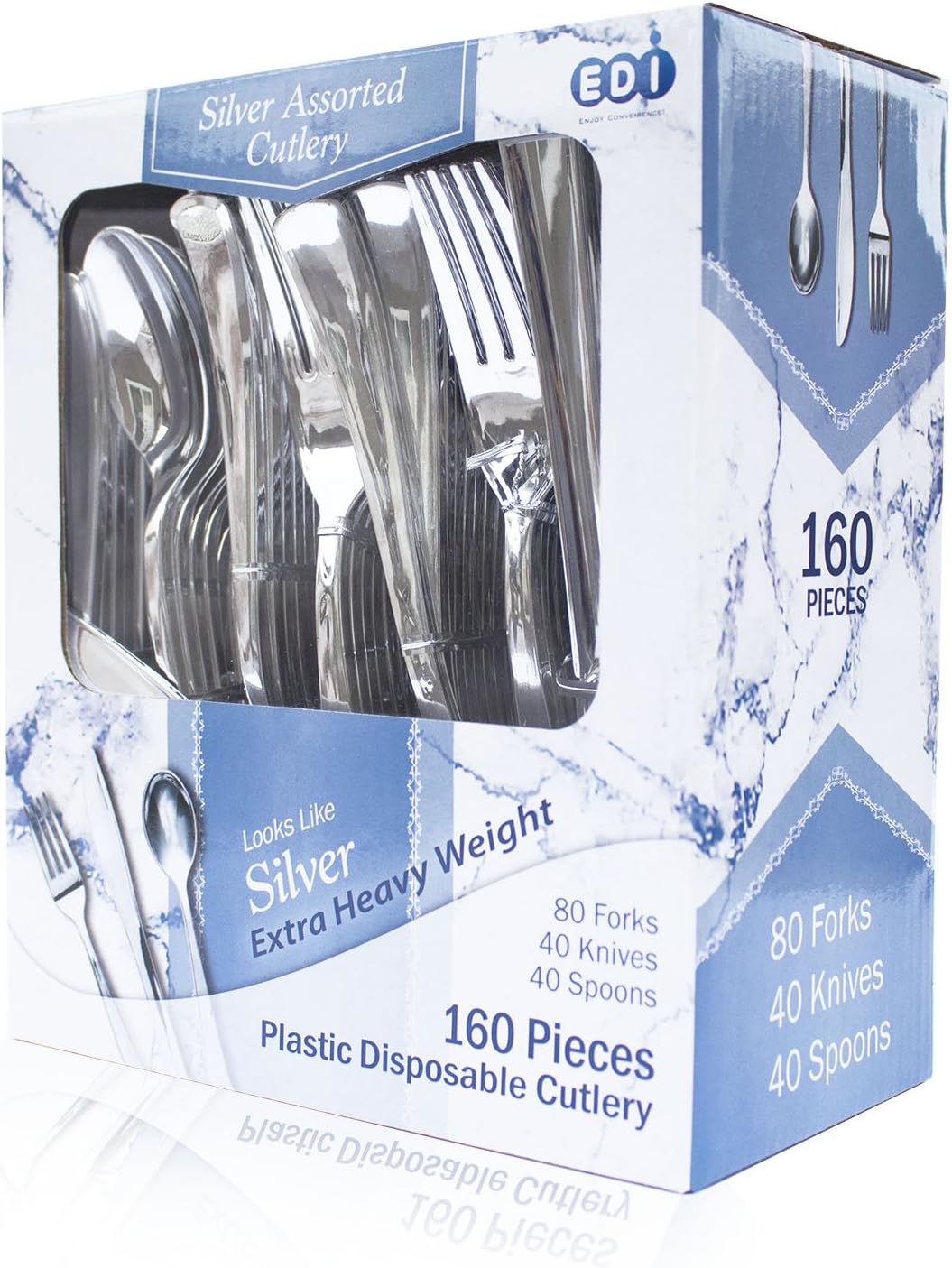 EDI [160 Piece] Silver Disposable Plastic Cutlery Set, Assorted - 80 Forks, 40 Knives, 40 Spoons | Extra Heavy-Weight