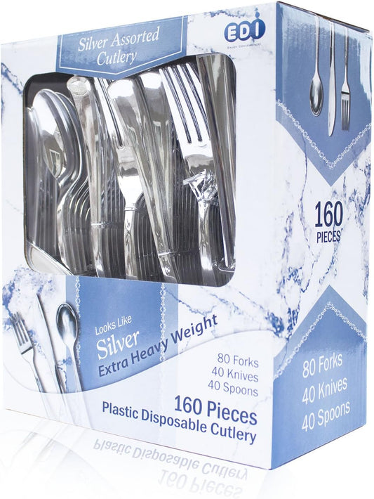 EDI [160 Piece] Silver Disposable Plastic Cutlery Set, Assorted - 80 Forks, 40 Knives, 40 Spoons | Extra Heavy-Weight
