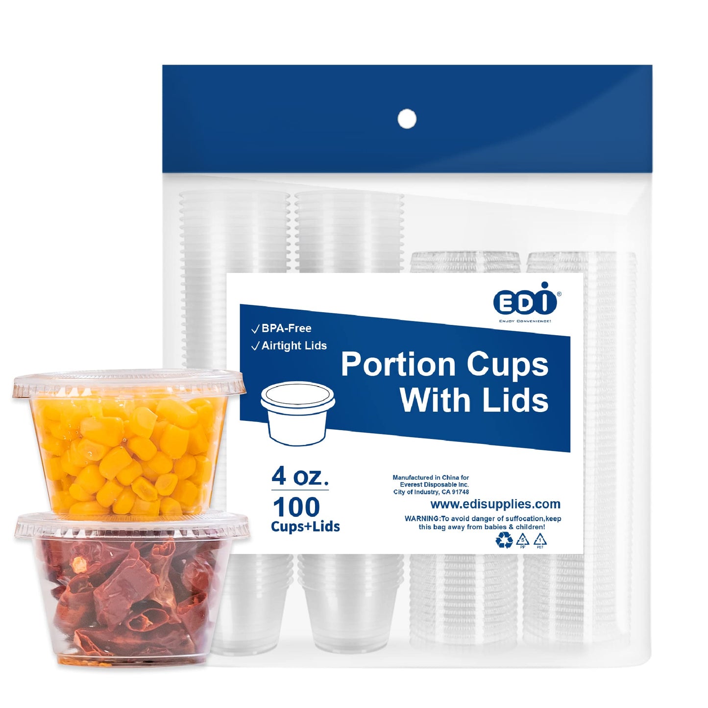 EDI Clear Disposable Plastic Portion Cups with Leakproof Lids - 50 Sets, 3.25 OZ, BPA Free, Recyclable - Jello Shot, Condiment & Dipping Sauce, Souffle Cups