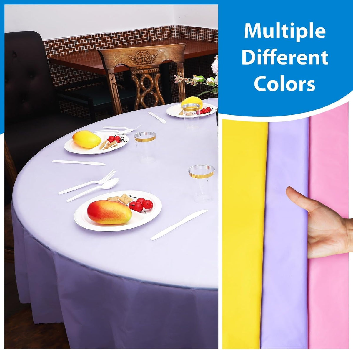 EDI Disposable Round Tablecloths - 12 Pack, Assorted Colors, Plastic, Spill & Stain Resistant, 81" x 84"