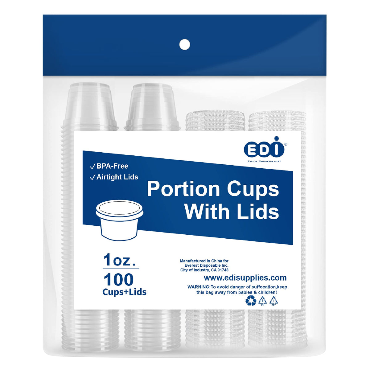 EDI Clear Disposable Plastic Portion Cups with Leakproof Lids - 50 Sets, 3.25 OZ, BPA Free, Recyclable - Jello Shot, Condiment & Dipping Sauce, Souffle Cups