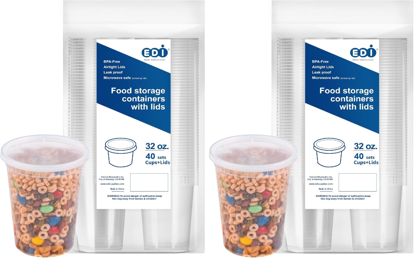 EDI [32 OZ, 40 Sets] Plastic Deli Food Storage Containers with Airtight Lids | Microwave-, Freezer-, Dishwasher-Safe | BPA Free | Heavy-Duty | Meal Prep | Leakproof | Recyclable