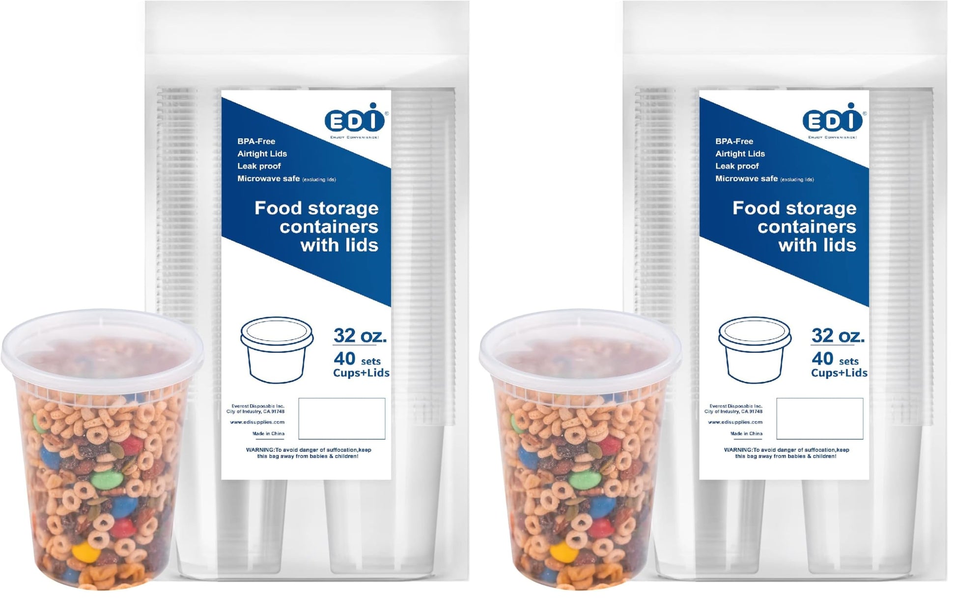 EDI [32 OZ, 40 Sets] Plastic Deli Food Storage Containers with Airtight Lids | Microwave-, Freezer-, Dishwasher-Safe | BPA Free | Heavy-Duty | Meal Prep | Leakproof | Recyclable