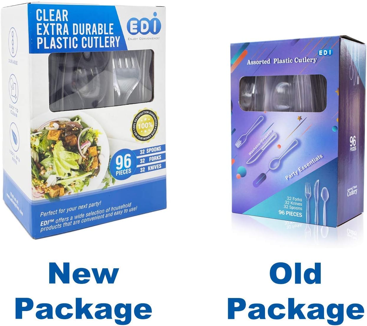 EDI Clear Disposable Plastic Cutlery Set - 96 Piece Assorted: 32 Forks, 32 Knives, 32 Spoons | Heavy-Duty, BPA-Free, Reusable | Clear Plastic Fork and Knife Set