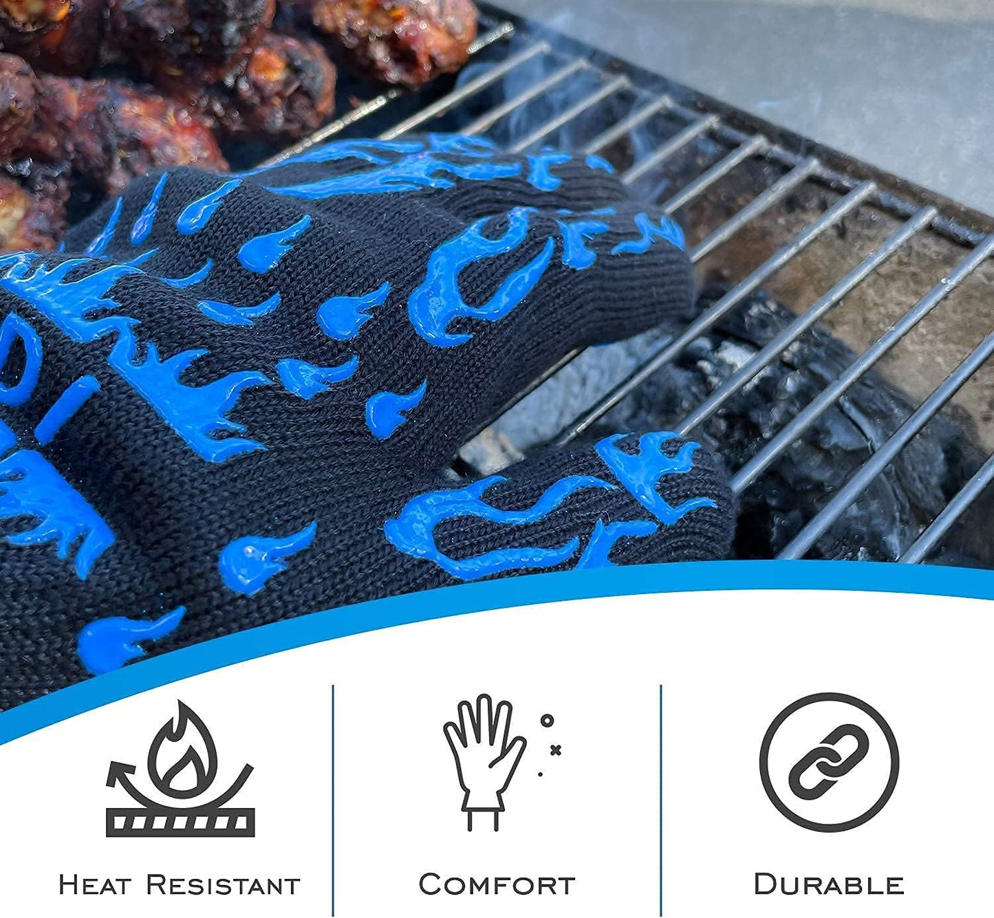 EDI Silicone Heat Resistant Gloves - Insulated Cooking & Baking BBQ Gloves, Anti-Slip, Ambidextrous, Machine Washable - Blue, 1 Pair