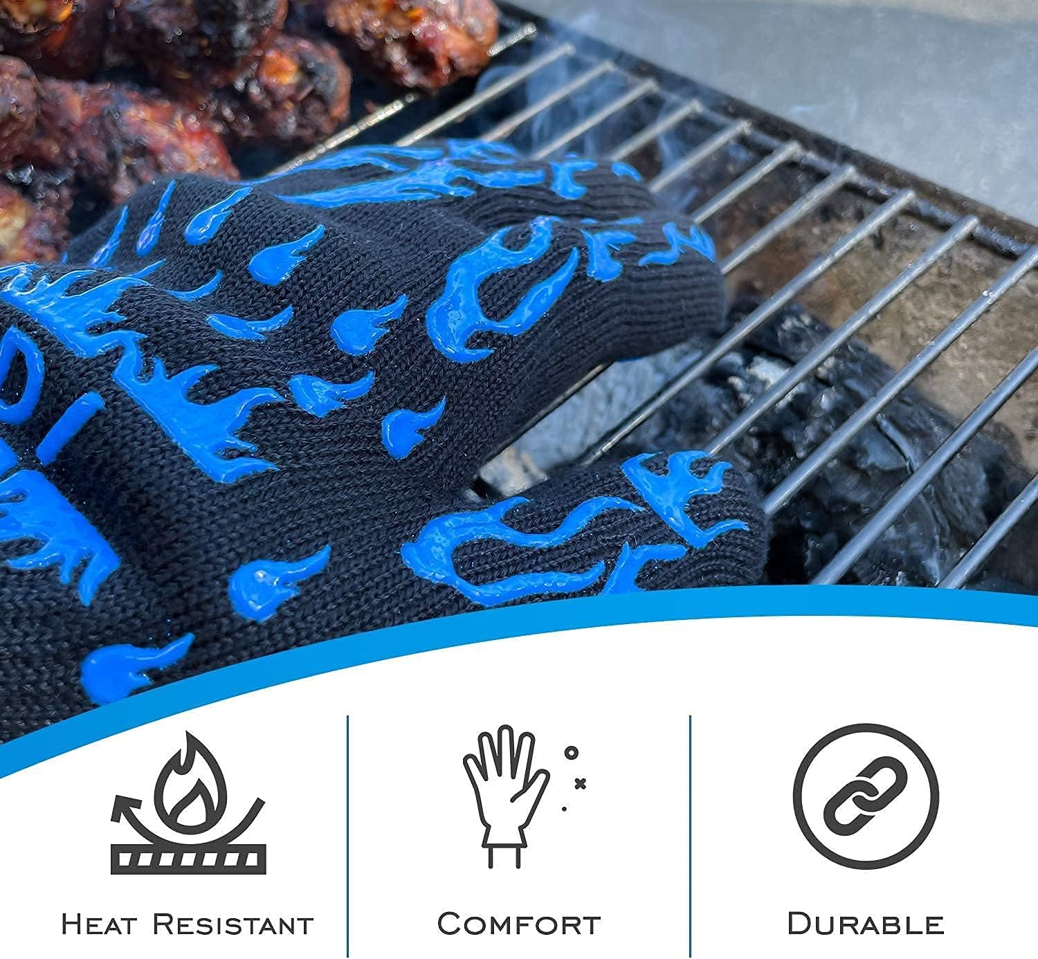 EDI Silicone Heat Resistant Gloves - Insulated Cooking & Baking BBQ Gloves, Anti-Slip, Ambidextrous, Machine Washable - Blue, 1 Pair