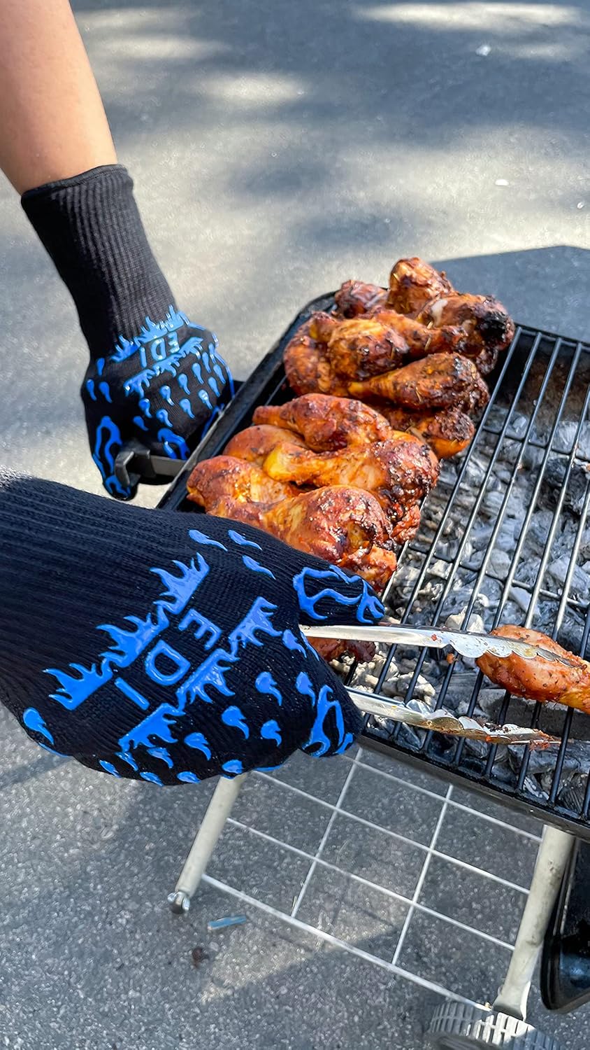 EDI Silicone Heat Resistant Gloves - Insulated Cooking & Baking BBQ Gloves, Anti-Slip, Ambidextrous, Machine Washable - Blue, 1 Pair