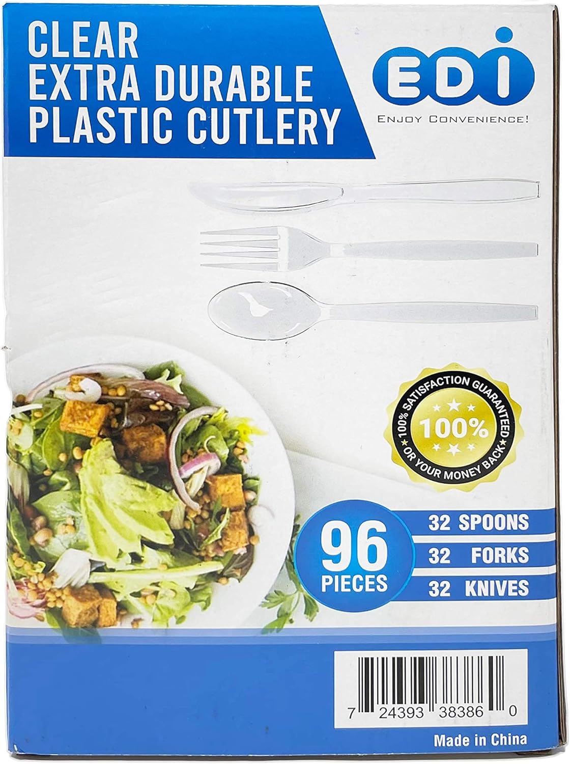 EDI Clear Disposable Plastic Cutlery Set - 96 Piece Assorted: 32 Forks, 32 Knives, 32 Spoons | Heavy-Duty, BPA-Free, Reusable | Clear Plastic Fork and Knife Set