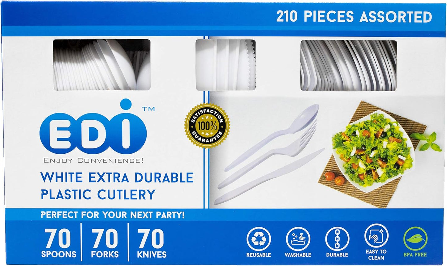 EDI [210 Piece] White Disposable Plastic Cutlery Set, Assorted - 70 Forks, 70 Knives, 70 Spoons | Extra Durable