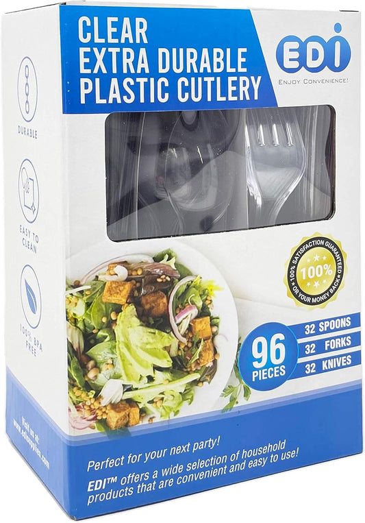 EDI Clear Disposable Plastic Cutlery Set - 96 Piece Assorted: 32 Forks, 32 Knives, 32 Spoons | Heavy-Duty, BPA-Free, Reusable | Clear Plastic Fork and Knife Set
