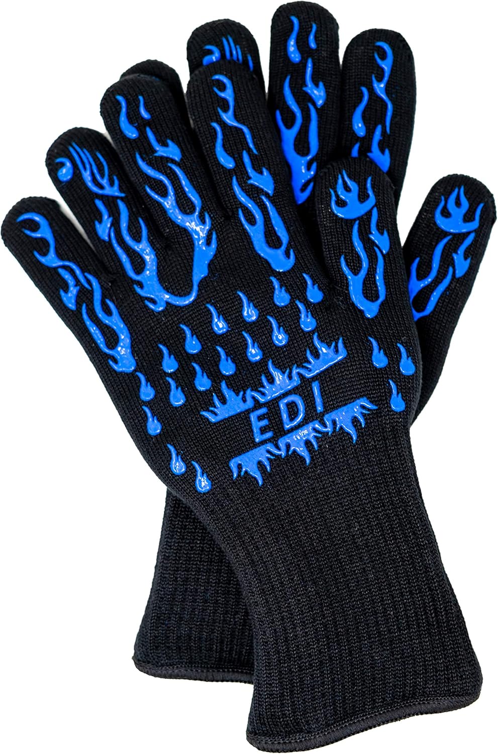 EDI Silicone Heat Resistant Gloves - Insulated Cooking & Baking BBQ Gloves, Anti-Slip, Ambidextrous, Machine Washable - Blue, 1 Pair