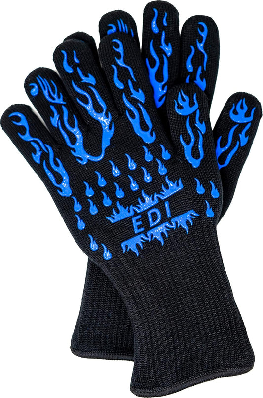 EDI Silicone Heat Resistant Gloves - Insulated Cooking & Baking BBQ Gloves, Anti-Slip, Ambidextrous, Machine Washable - Blue, 1 Pair