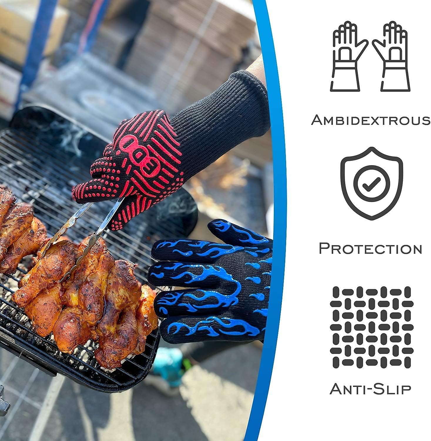 EDI Silicone Heat Resistant Gloves - Insulated Cooking & Baking BBQ Gloves, Anti-Slip, Ambidextrous, Machine Washable - Blue, 1 Pair