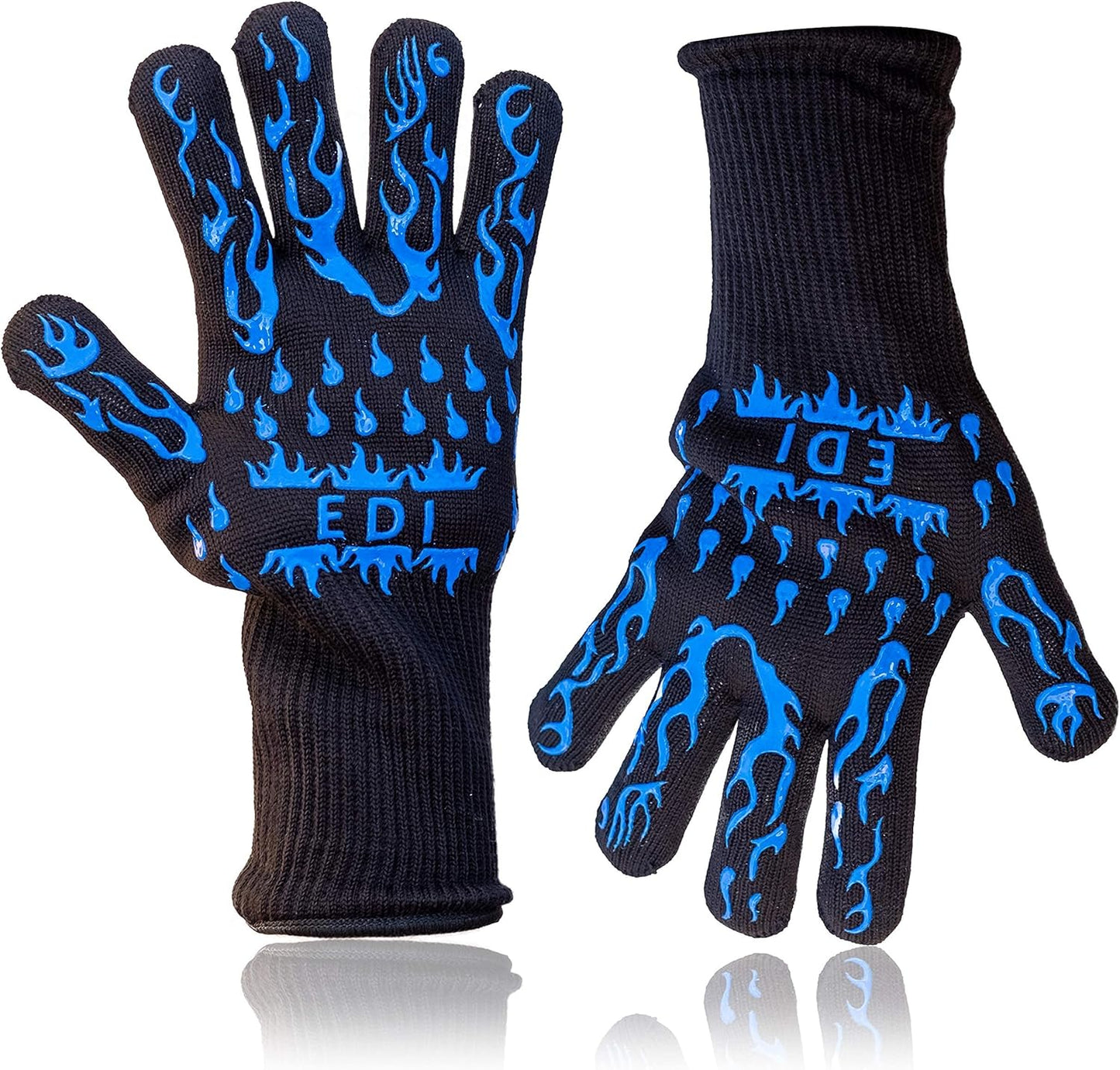 EDI Silicone Heat Resistant Gloves - Insulated Cooking & Baking BBQ Gloves, Anti-Slip, Ambidextrous, Machine Washable - Blue, 1 Pair